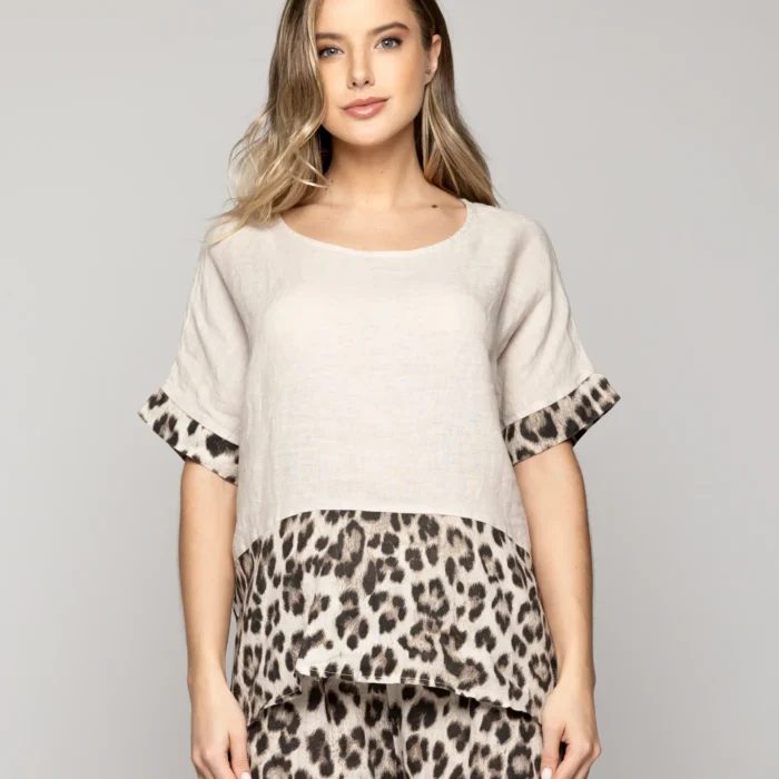 Blusa Mujer Bettina De Lino Con Diseño Leopardo Café Lineatre
